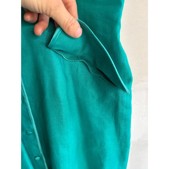 Vintage 80s Womens Linen Green Button Front Dress Sz 8 Short Sleeve Maggy London - Picture 3 of 8